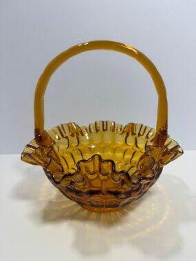 Vintage Fenton Art Glass Colonial Amber Thumbprint Ruffled Edge Basket